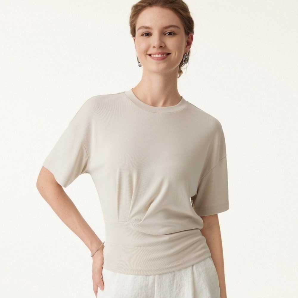 OGL Move Lenzing Modal Draped Pleated Waist Sandwashed Crewneck Tee Size Medium